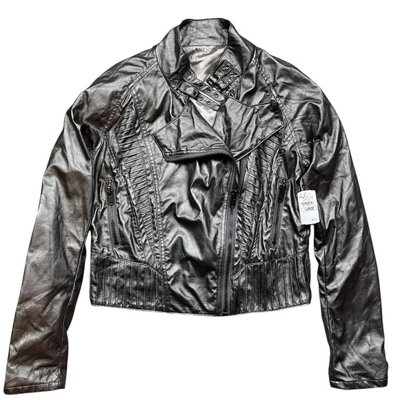 Blank NYC Faux Leather Moto Jacket Lightweight Metallic Pewter Gray Size L - Picture 1 of 8